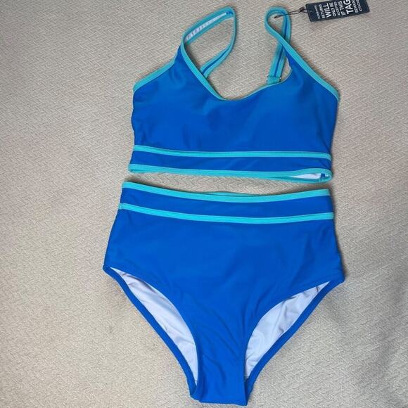 BMJL Women’s Blue High Waist Bikini Set Medium Color Block 2 Piece Swimsuit - Picture 4 of 7